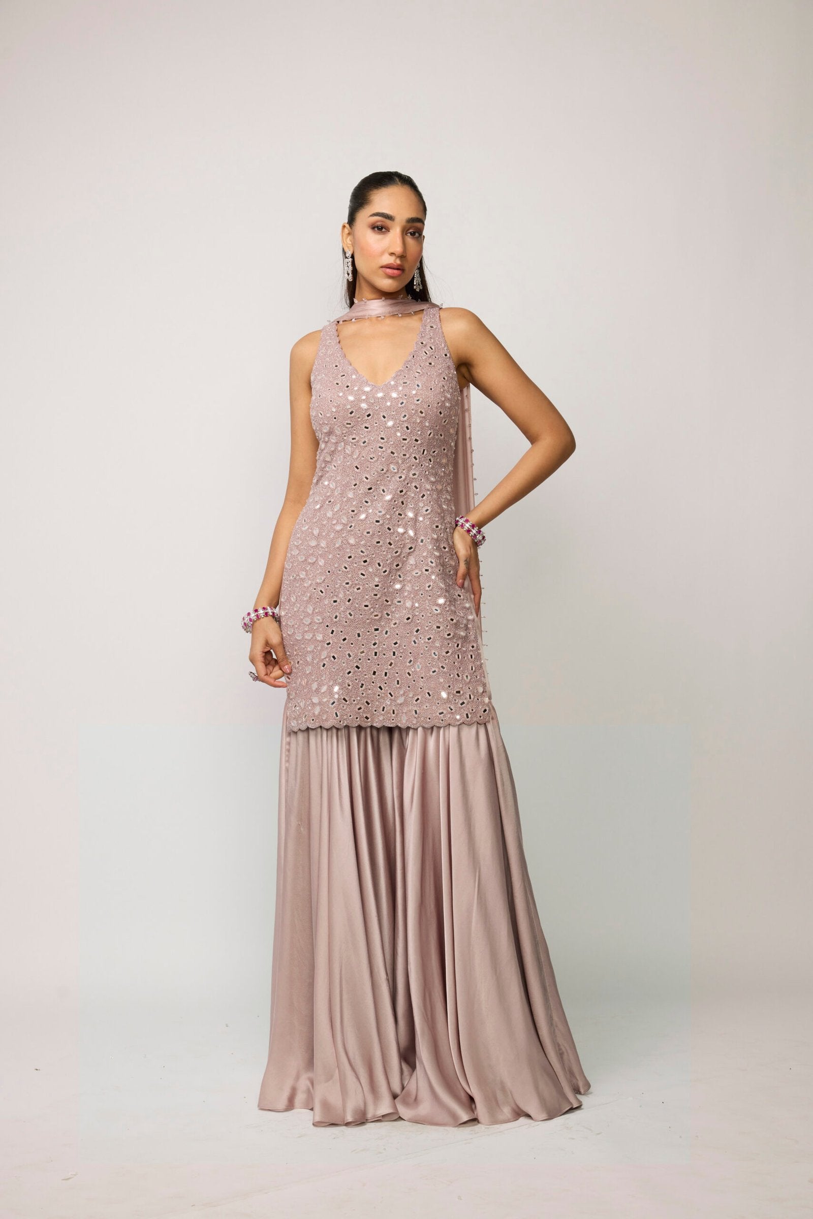 Ash Pink Satin Sharara Set