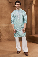 Aqua Bandhani Print Linen Satin Kurta Set