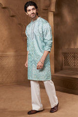 Aqua Bandhani Print Linen Satin Kurta Set
