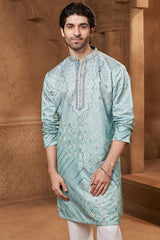 Aqua Bandhani Print Linen Satin Kurta Set