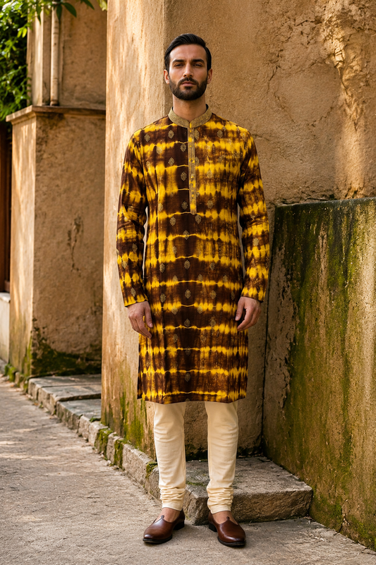 Brown & Yellow Shibori Tie-Dye Kurta Set
