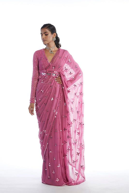 Dark Blush Mirror Cut-work Saree