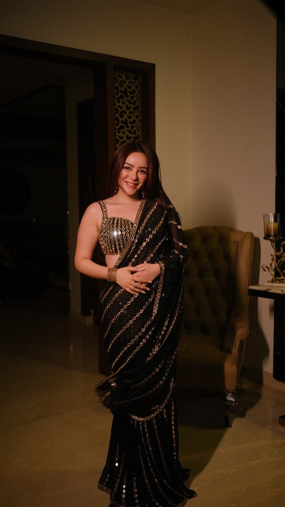 SIMRAN SETHI BEDI In Black mirror Embroidered Pre Draped Saree Set