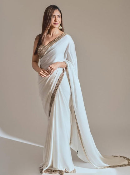 MRUNAL THAKUR IN Off White Mirror Satin Saree Set