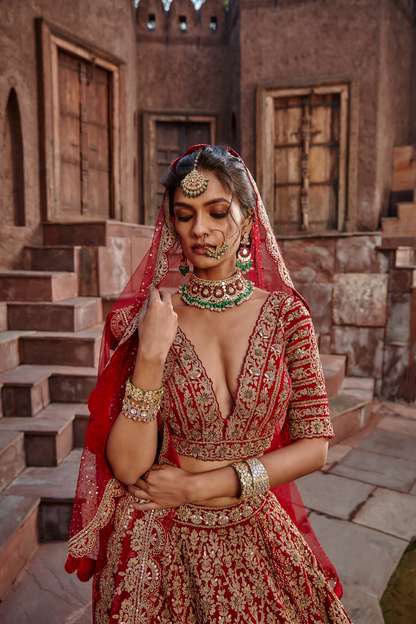 Blood Red Velvet Dori Lehenga Set