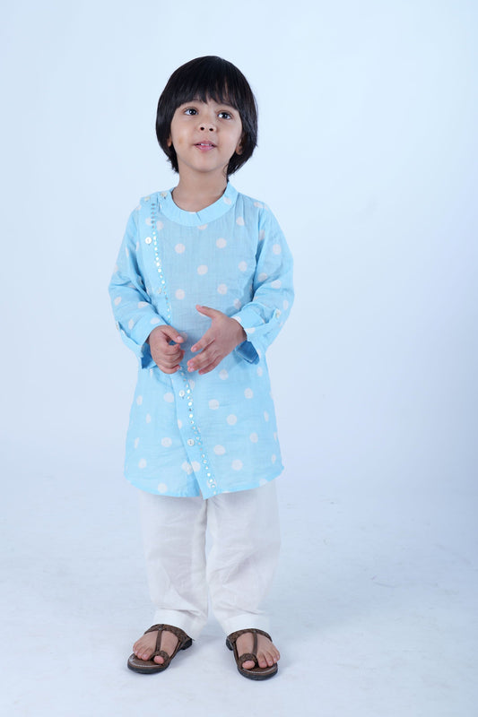 Blue polka mirror work kurta pajama