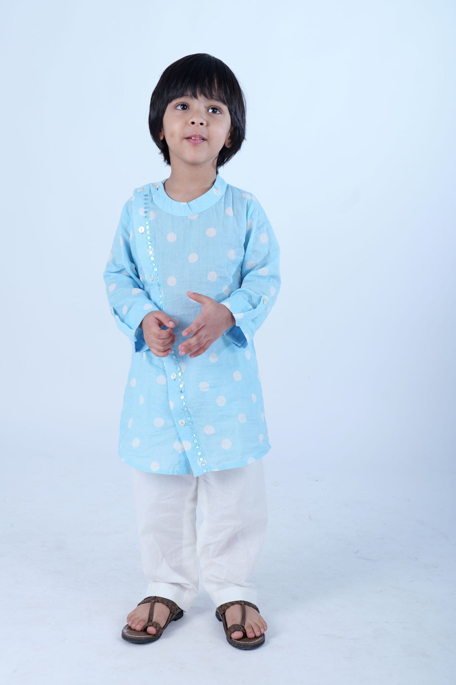 Blue polka mirror work kurta pajama