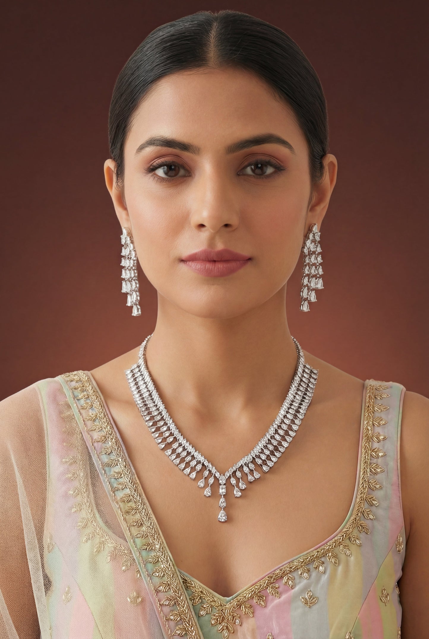 Saira White Finish Diamond Necklace Set