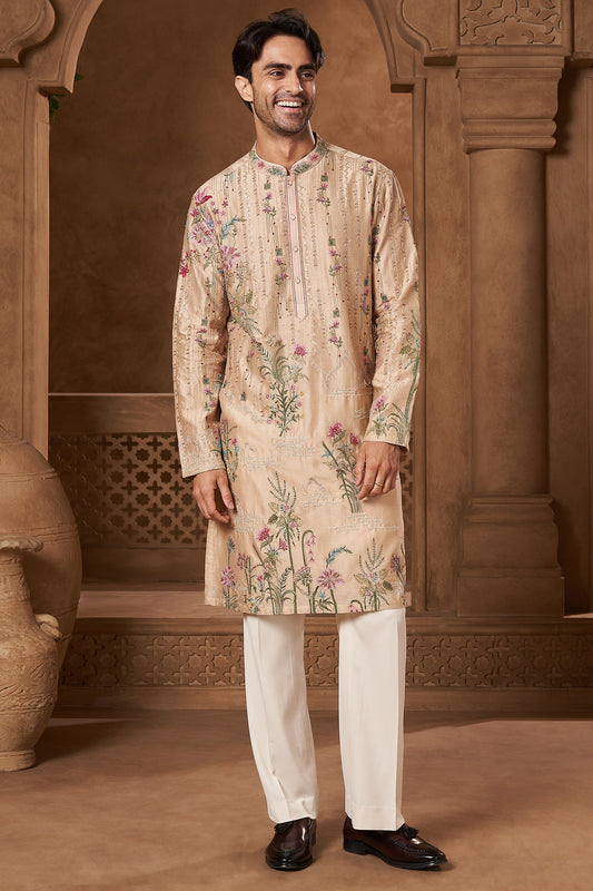 Beige Chanderi Floral Placement Kurta Set