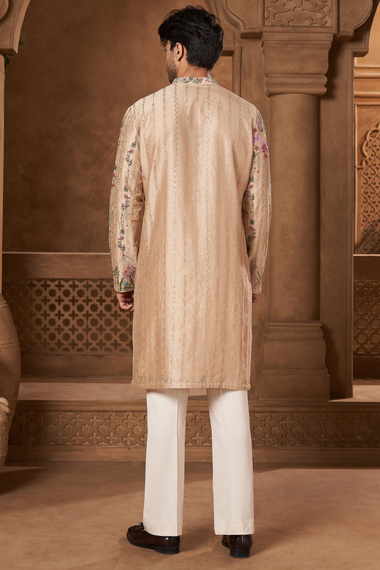 Beige Chanderi Floral Placement Kurta Set