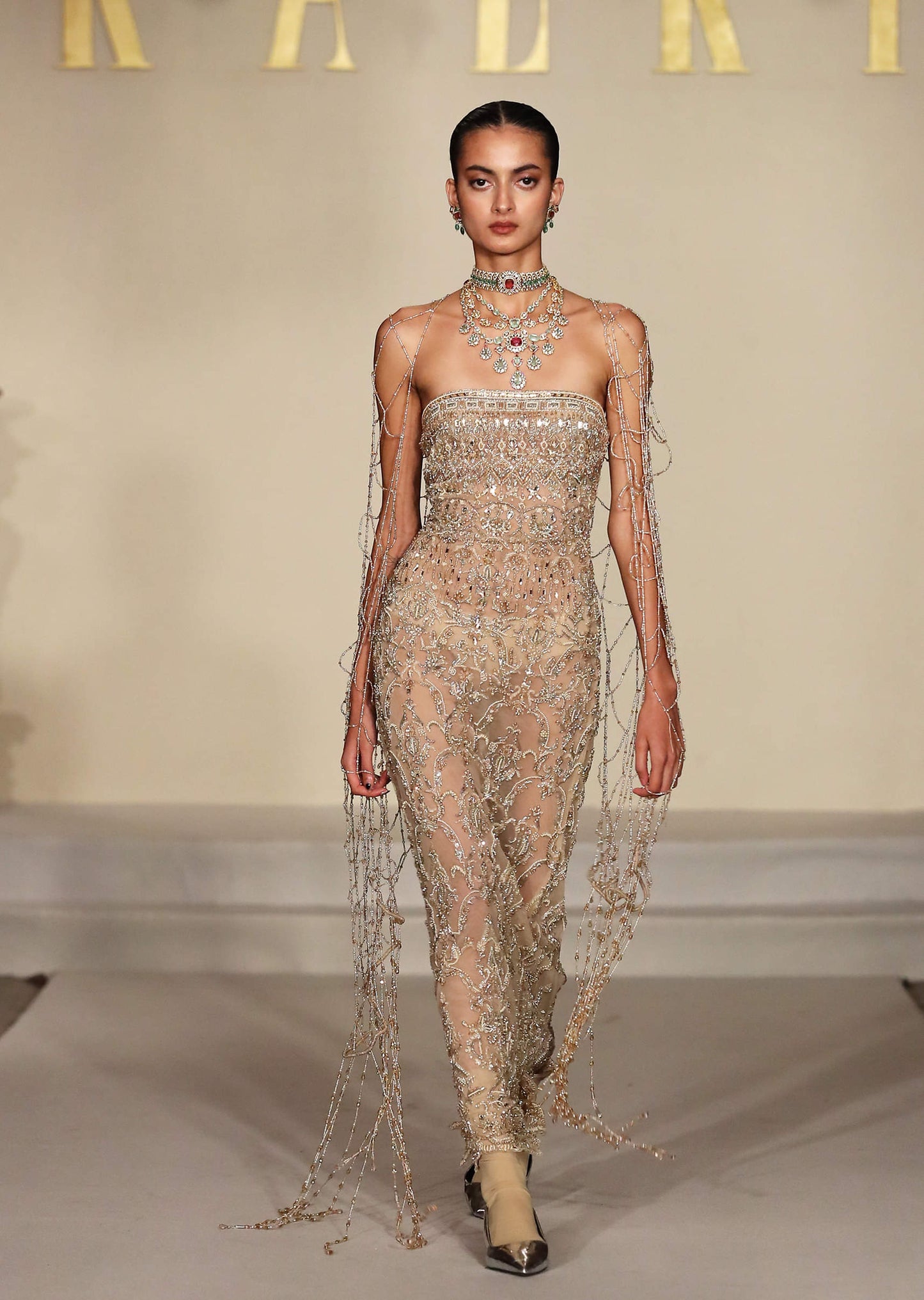 Beige Ivory Net Tube Ankle Length Gown With Shimmer Accents