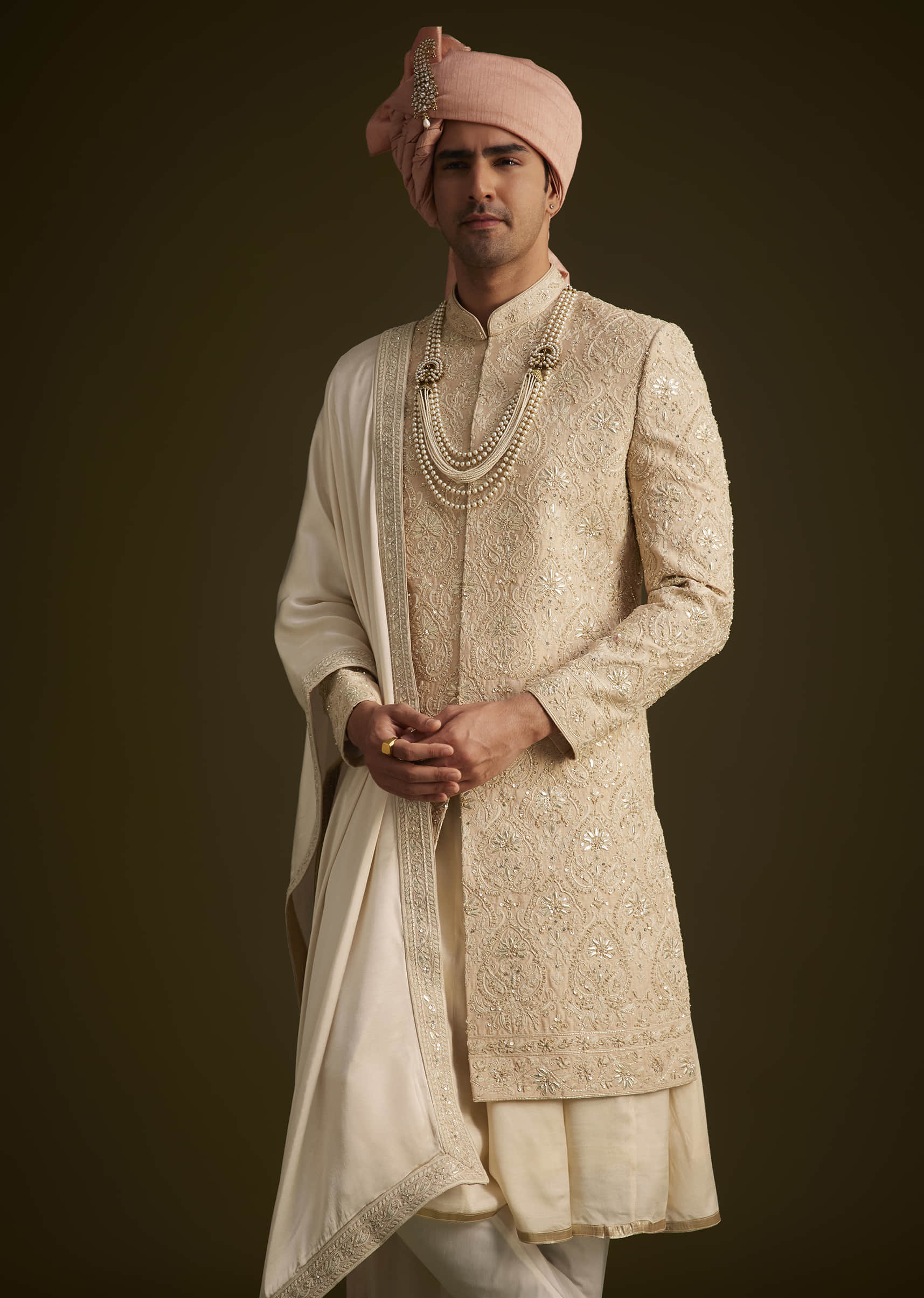 Beige Gotta Work Embroidered Sherwani And Matching Dupatta
