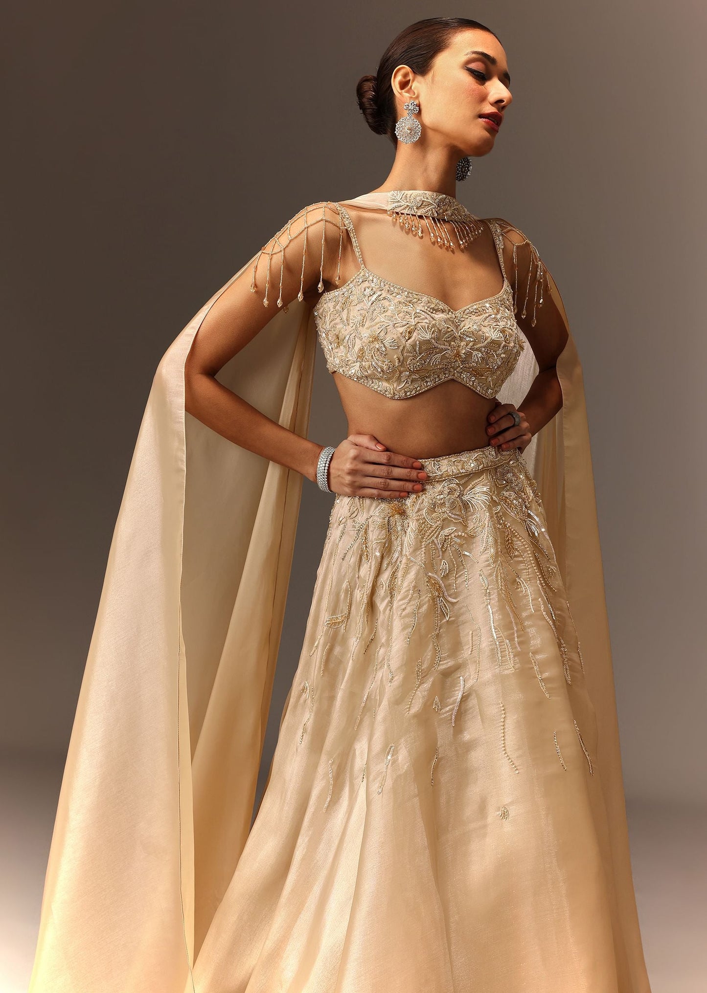 Beige Embroidered Blouse With Skirt And Choker Dupatta