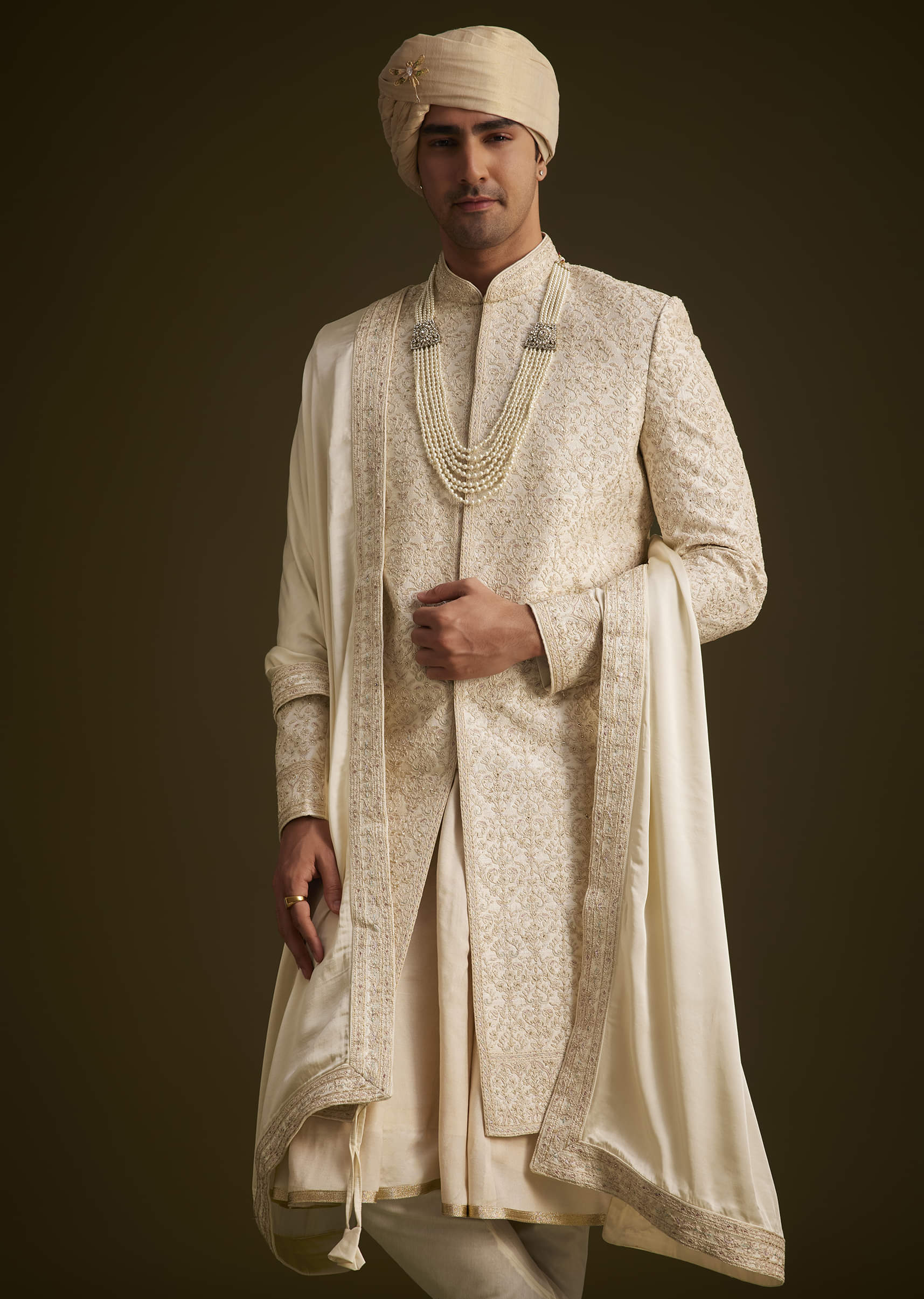 Beige Resham Embroidered Sherwani With Elegant Dupatta