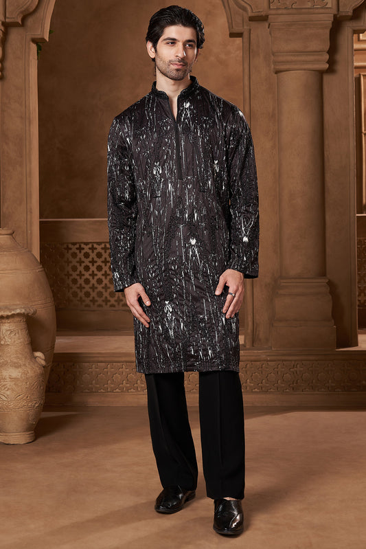 Black Chanderi Abstract Sequin Kurta Set