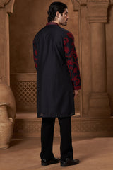 Black Chanderi Red Paisley Kurta Set