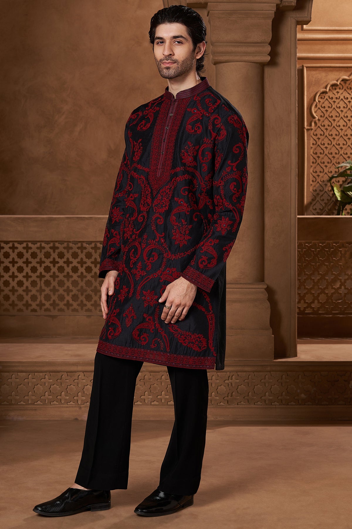 Black Chanderi Red Paisley Kurta Set