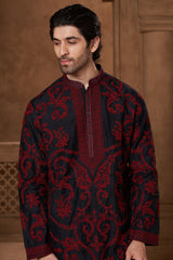 Black Chanderi Red Paisley Kurta Set