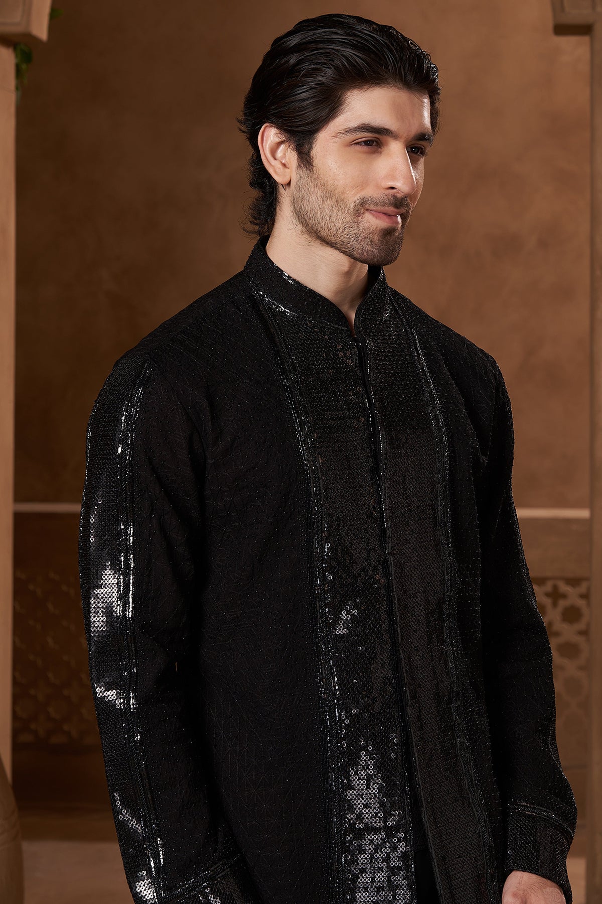 Black Chanderi Sequin Panel Open Kurta Set
