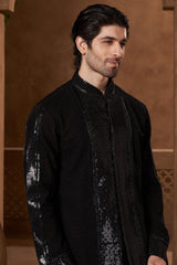 Black Chanderi Sequin Panel Open Kurta Set