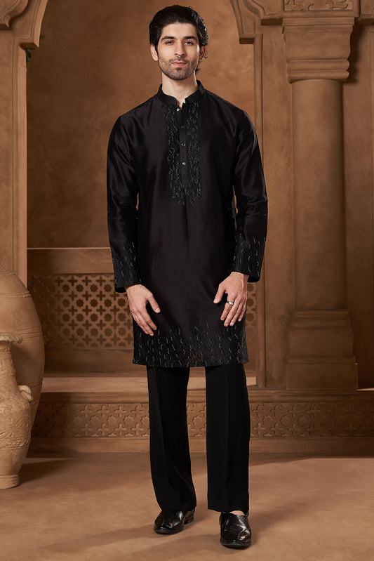 Black Chanderi Zari Yoke Kurta Set