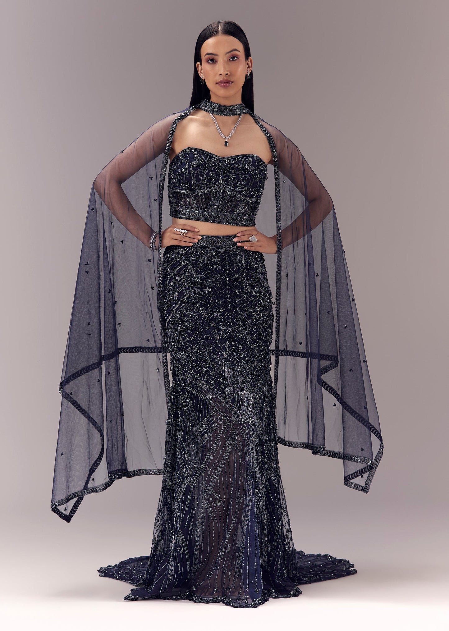 Blue Embellished Fishcut Lehenga With Corset Blouse And Choker Dupatta