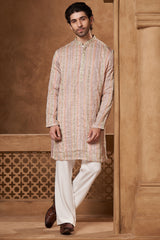 Blush Pink Chanderi Floral Stripe Kurta Set