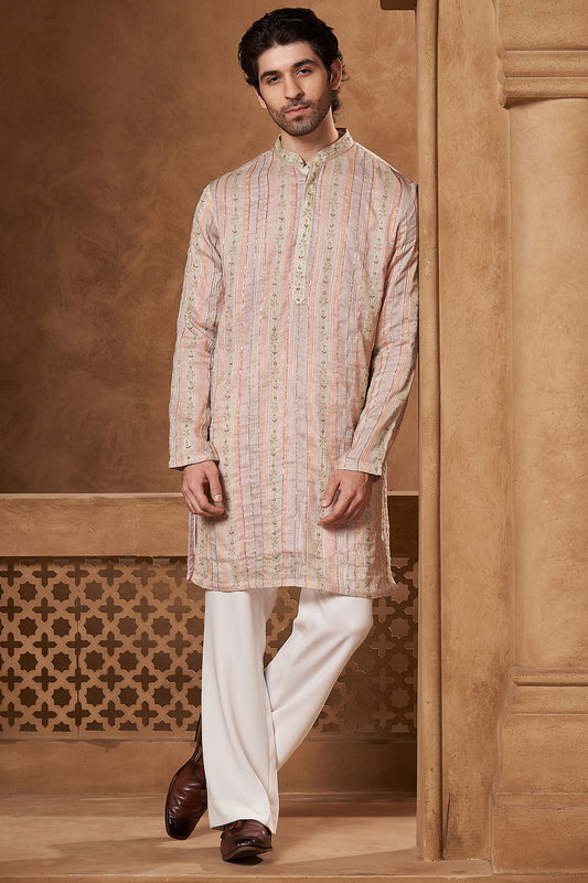 Blush Pink Chanderi Floral Stripe Kurta Set