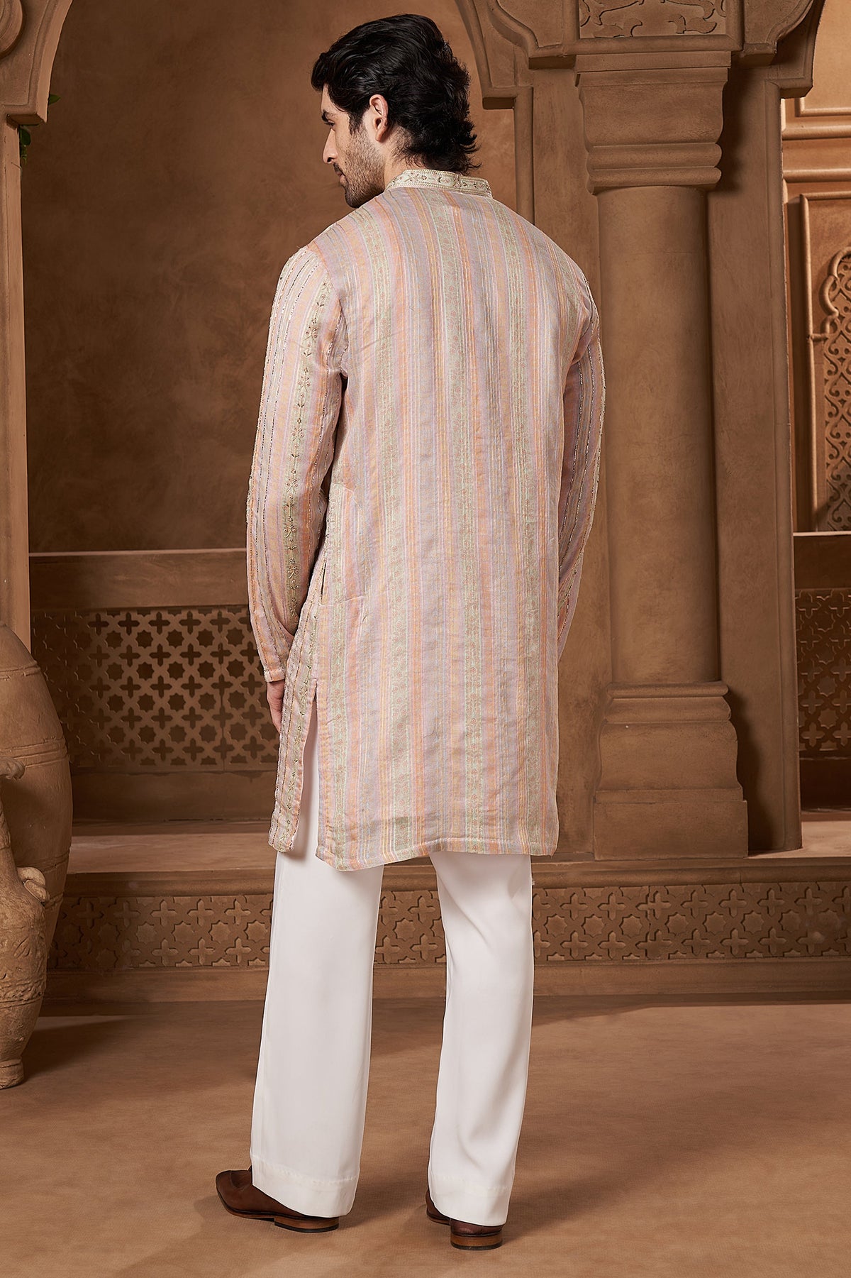 Blush Pink Chanderi Floral Stripe Kurta Set