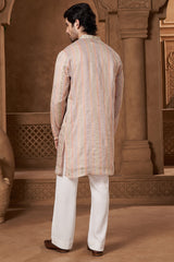 Blush Pink Chanderi Floral Stripe Kurta Set
