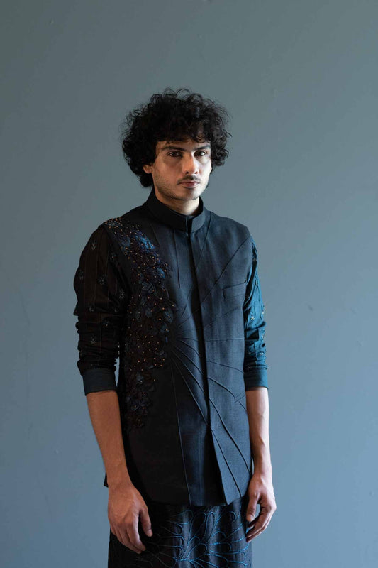 Blue Organza Nehru Jacket