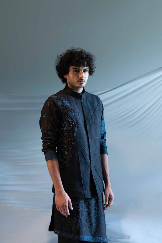 Blue Organza Nehru Jacket