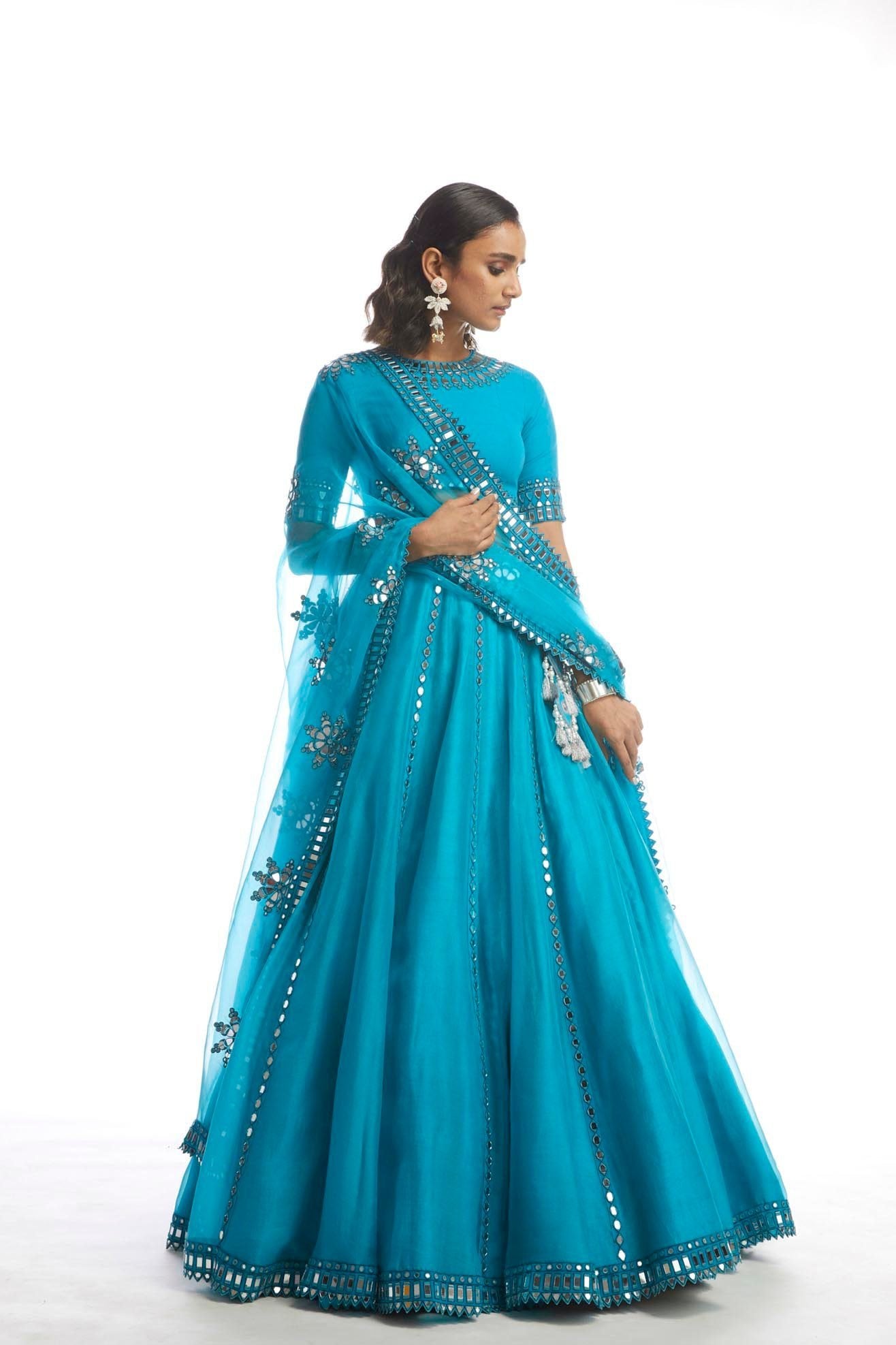 Turquoise Blue Mirror Cut Work  Lehanga Set