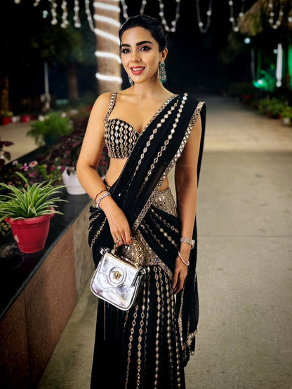 BAHAAR DHAWAN In Black Pre Draped Saree Set