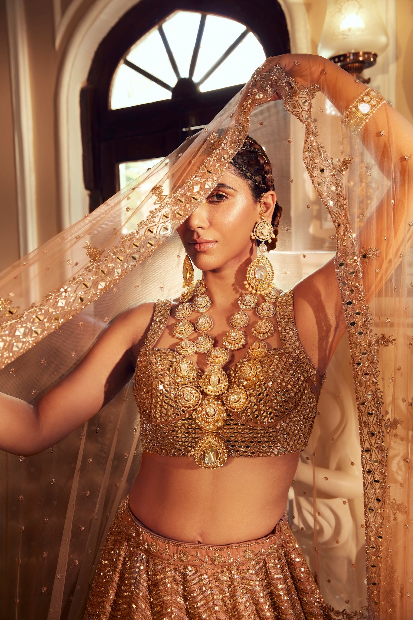 brown mirror work lehenga