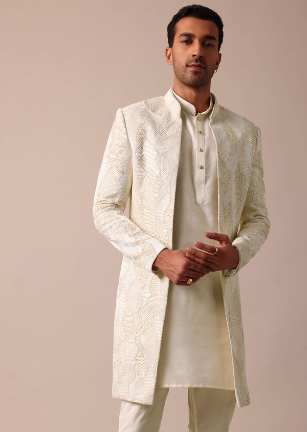 Classic Beige Banarasi Silk Sherwani Set