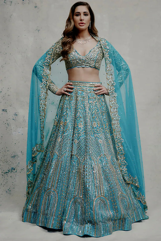 Turquoise Net Sequins & Pearl Embroidered Lehenga Set