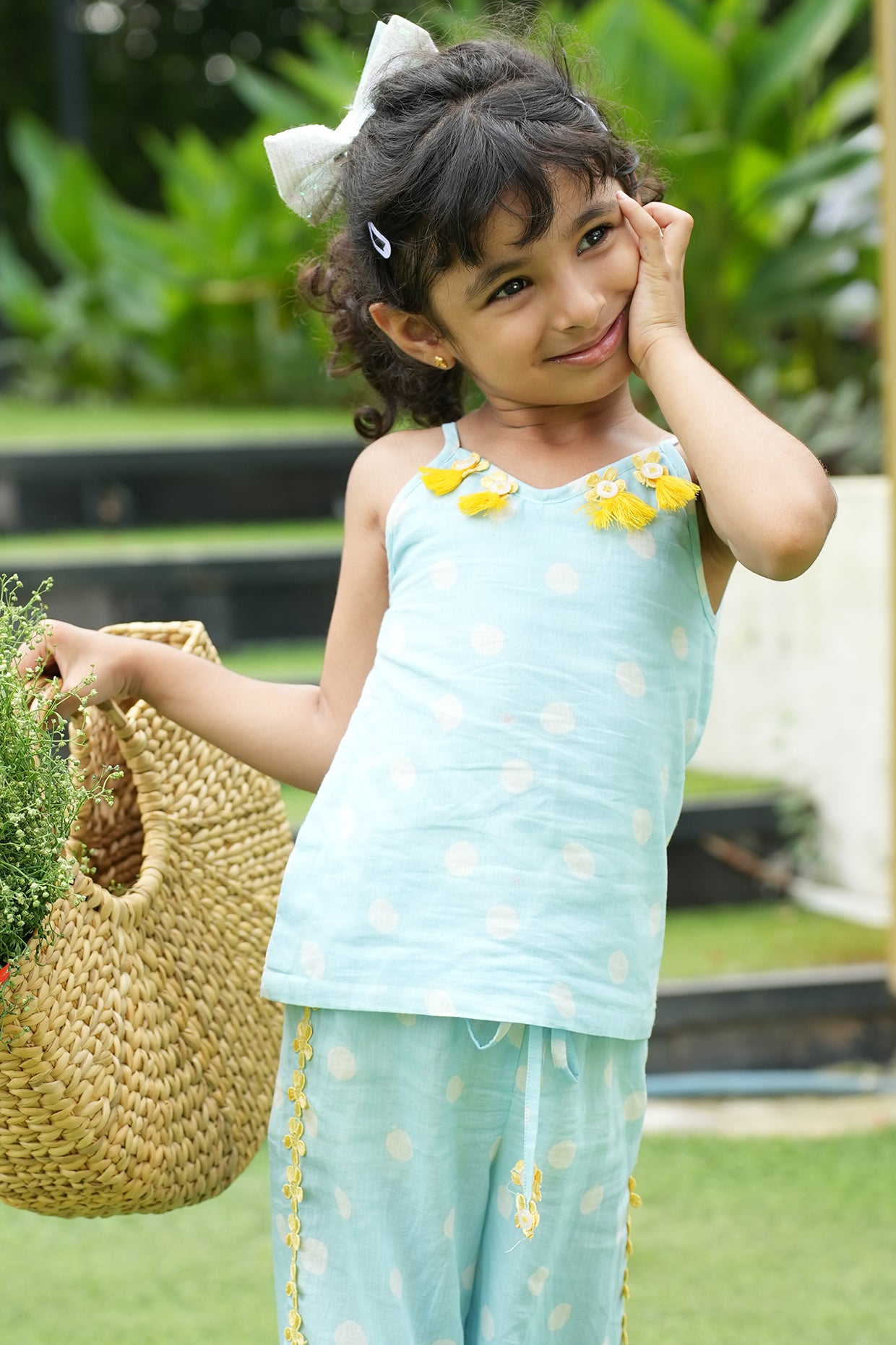Powder Blue Mul Chanderi Hand Block Polka Dot Printed Co-Ord For Girls by Pankhuri by Priyanka - Kids at Pernia's Pop Up Shop