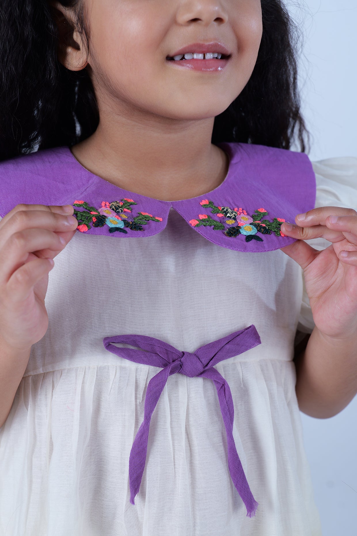 Purple & Yellow Pure Mulmul Hand Embroidered Tiered Dress For Girls by Pankhuri by Priyanka - Kids at Pernia's Pop Up Shop