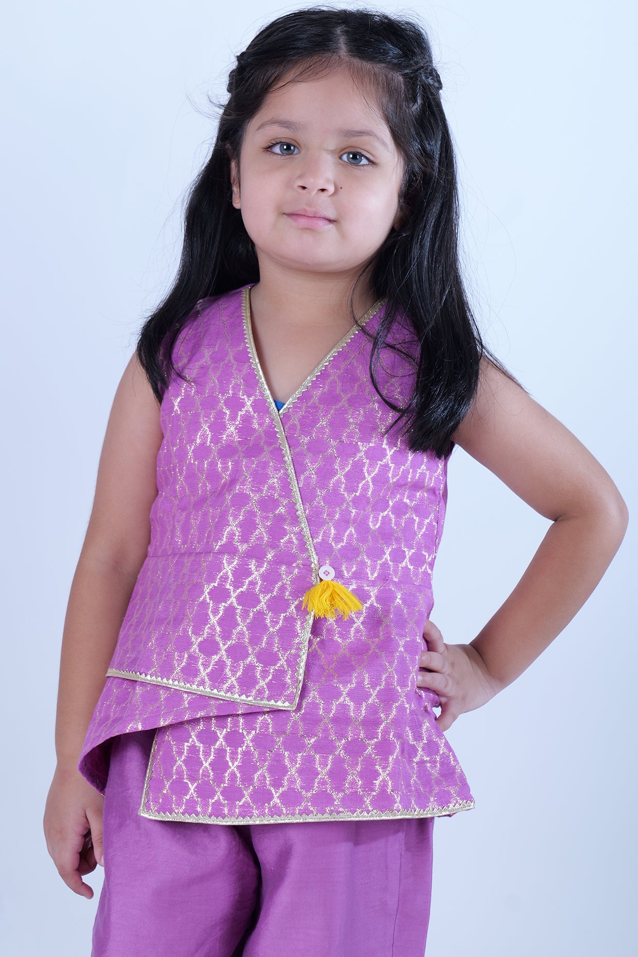 Mauve Chanderi Zari Embroidered Co-Ord Set For Girls by Pankhuri by Priyanka - Kids at Pernia's Pop Up Shop