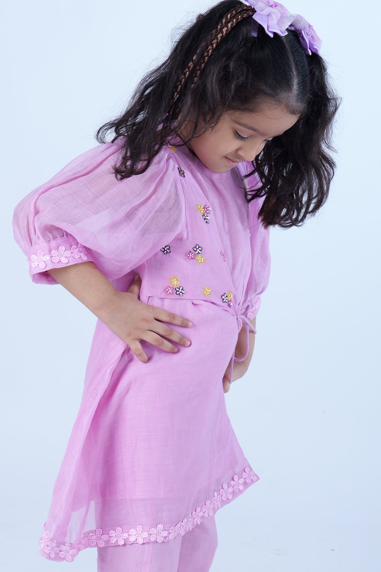 Pink Pure Chanderi Lace Hand Embroidered Kurta Set For Girls by Pankhuri by Priyanka - Kids at Pernia's Pop Up Shop