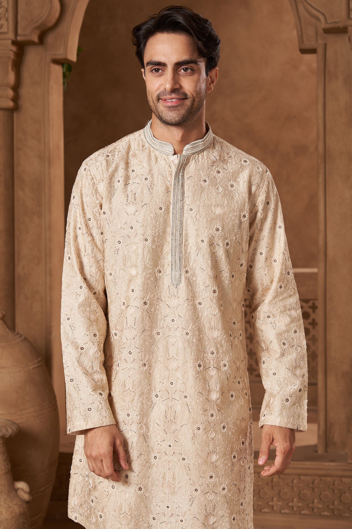 Cream Chanderi Resham Moti Kurta Set