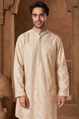 Cream Chanderi Resham Moti Kurta Set