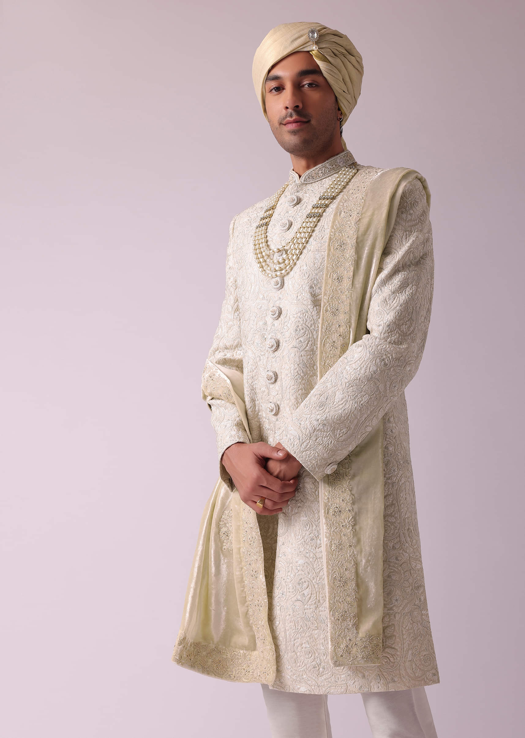 Cream White Silk Sherwani With Intricate Embroidery