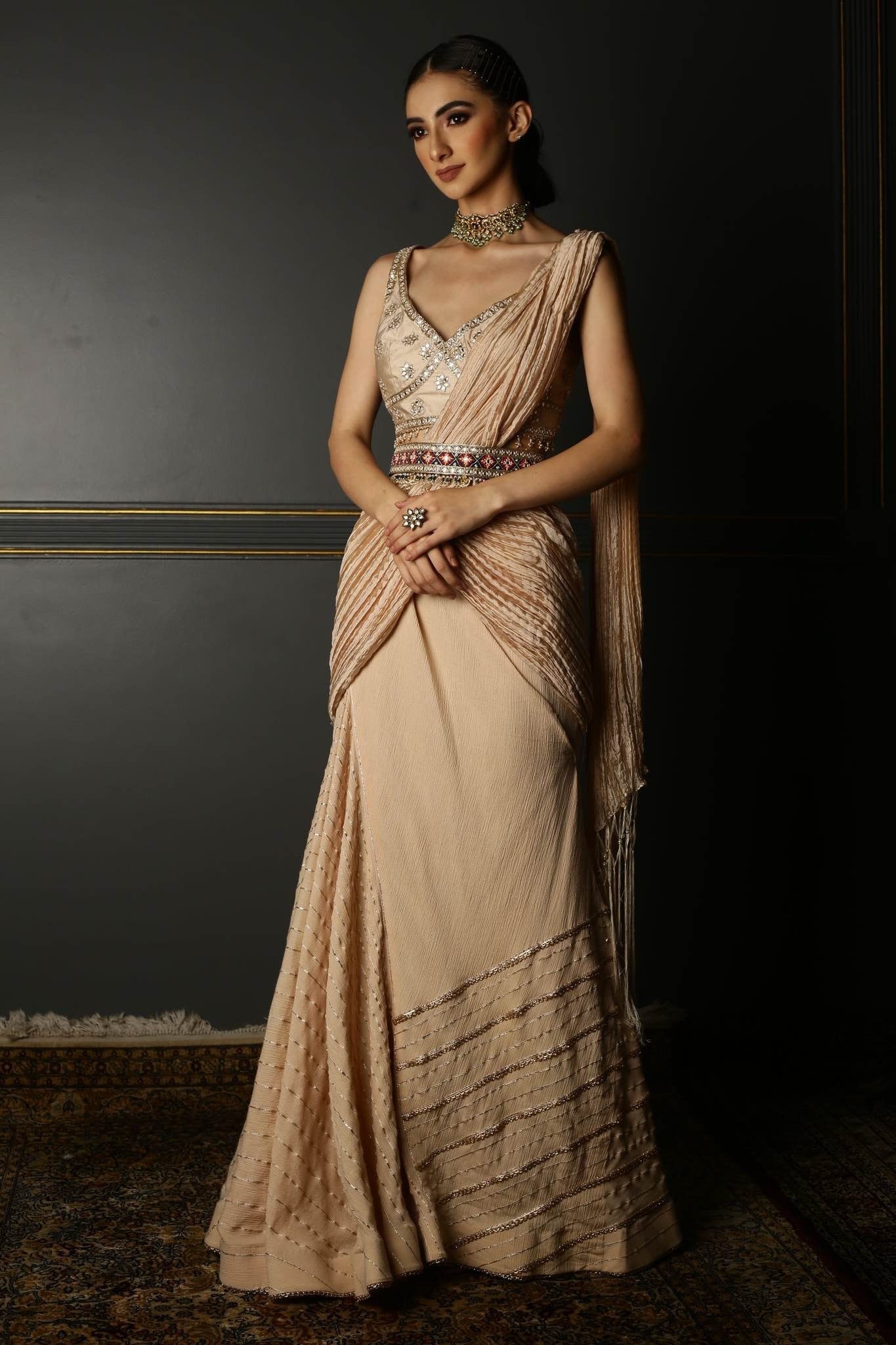Women's Beige Embroidered Draped Saree Set