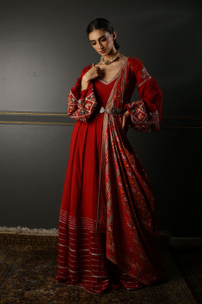 Women's Red Embroidered Draped Anarkali Set