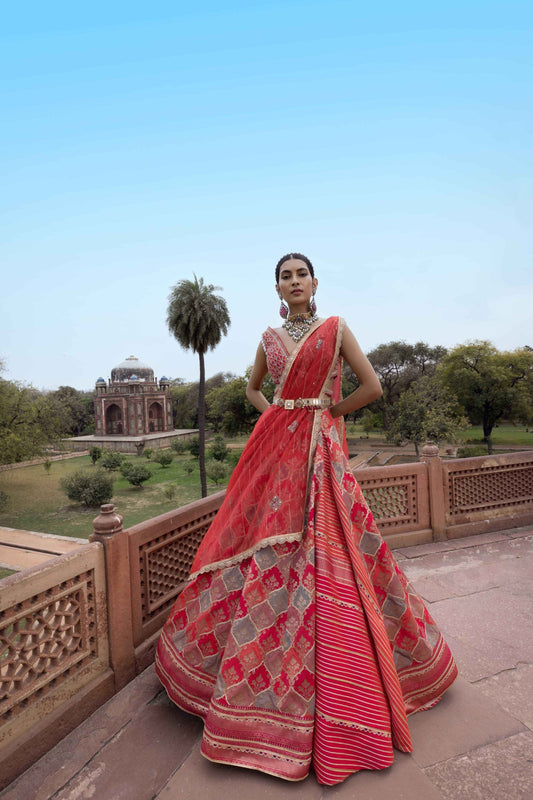 Women's Pink Woven Banarsi Chanderi Lehenga