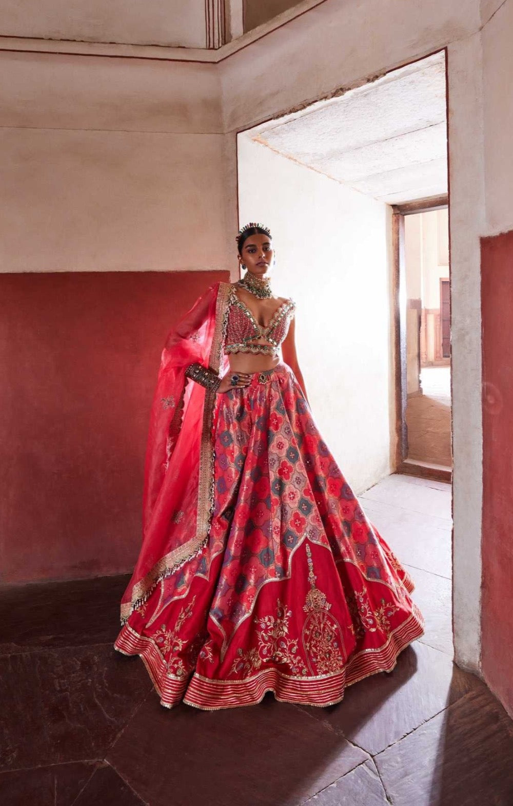 Women's Coral Woven Banarsi Jharoka Lehenga
