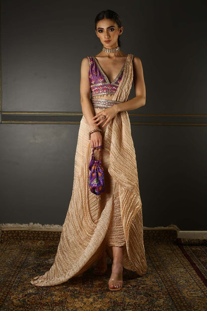 Women's Onion Pink Embroidered Dhoti Draped Set