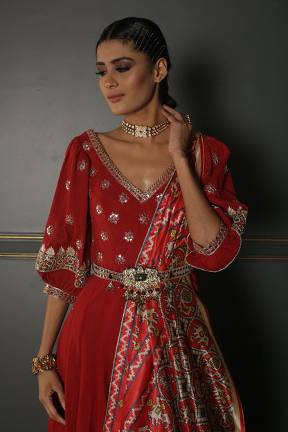 Women's Ruby Red Embroidered Anarkali Set